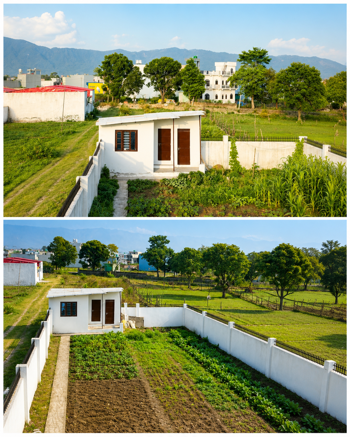 Aerial view of vegetable beds and farm area