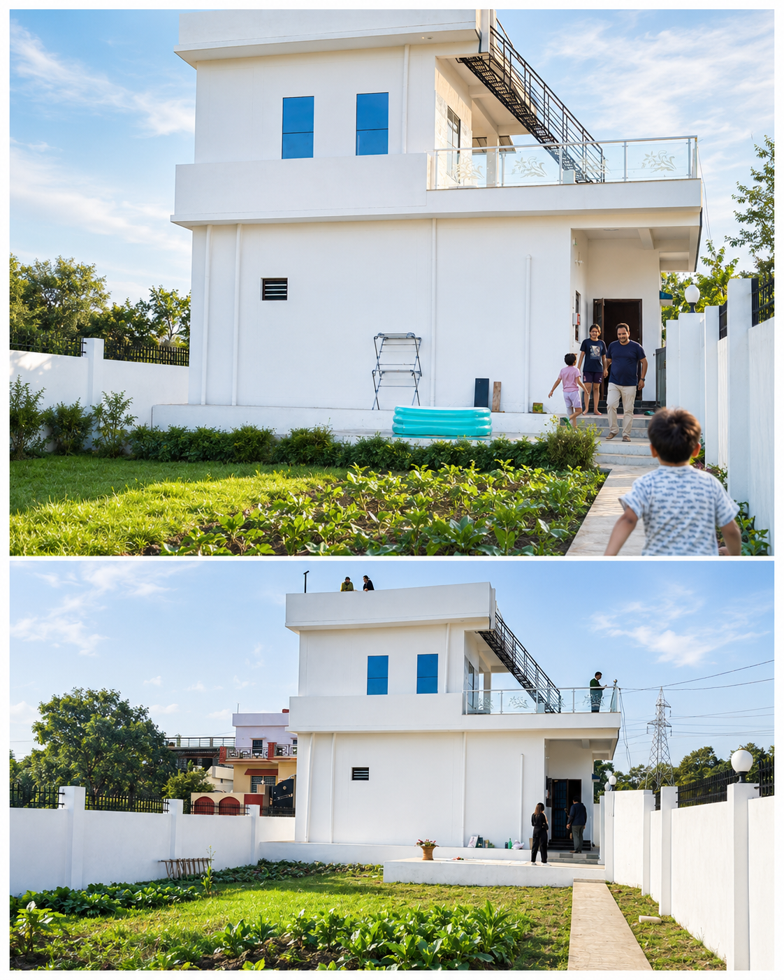 Farmhouse exterior with family